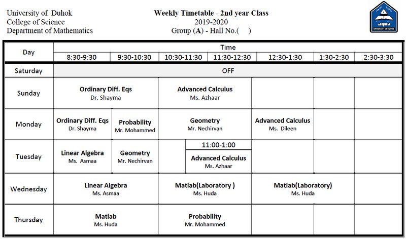 College of Science Schedule Math_2A